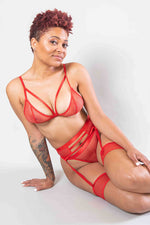 Load image into Gallery viewer, sexy red three-piece lingerie set
